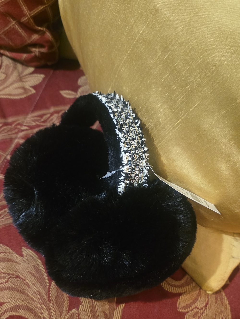 New York & Company Black Faux Fur Large Earmuffs with Beaded Headband